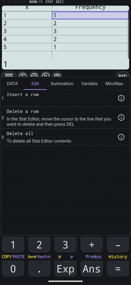 The Edit tab, with the editor open: Insert a row, Delete a row, Delete all.