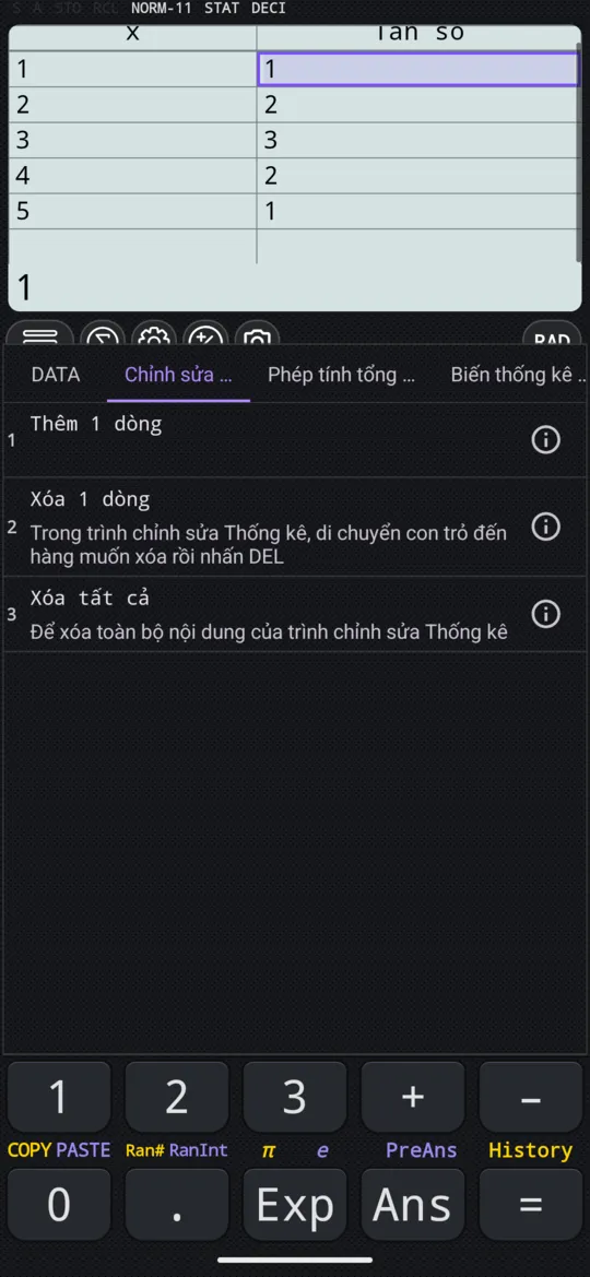Thẻ Chỉnh sửa, khi bảng nhập liệu đang mở: Thêm 1 dòng, Xóa 1 dòng, Xóa tất cả.