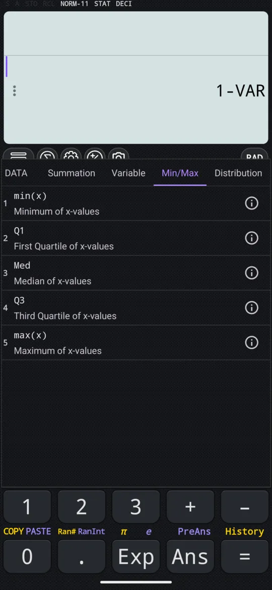 The Min/Max tab: min(x), Q1, Med, Q3 and max(x).