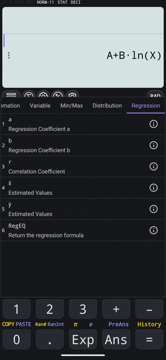 The Regression tab of a paired type: a, b, r, x̂, ŷ and RegEQ.