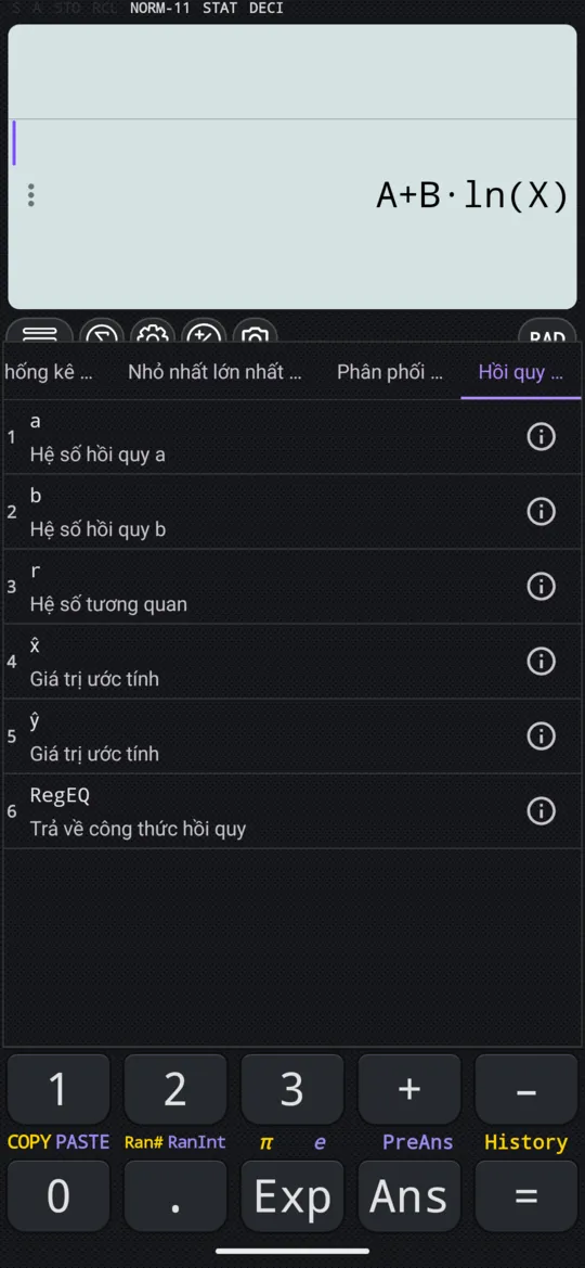 Thẻ Hồi quy của một kiểu hai biến: a, b, r, x̂, ŷ và RegEQ.