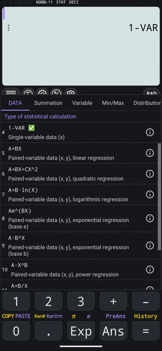 The DATA tab of the STAT menu: the eight calculation types, 1-VAR ticked because it is in use.