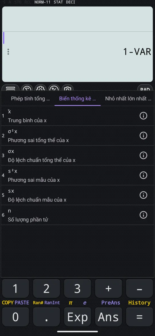 Thẻ Biến thống kê: x̄, σ²x, σx và các biến khác, mỗi biến kèm một dòng cho biết nó là gì.