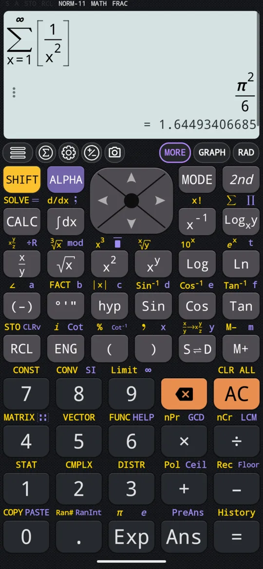 The sum of 1/x² from 1 to ∞ on the display, answered π²/6, with its decimal value on the line beneath.