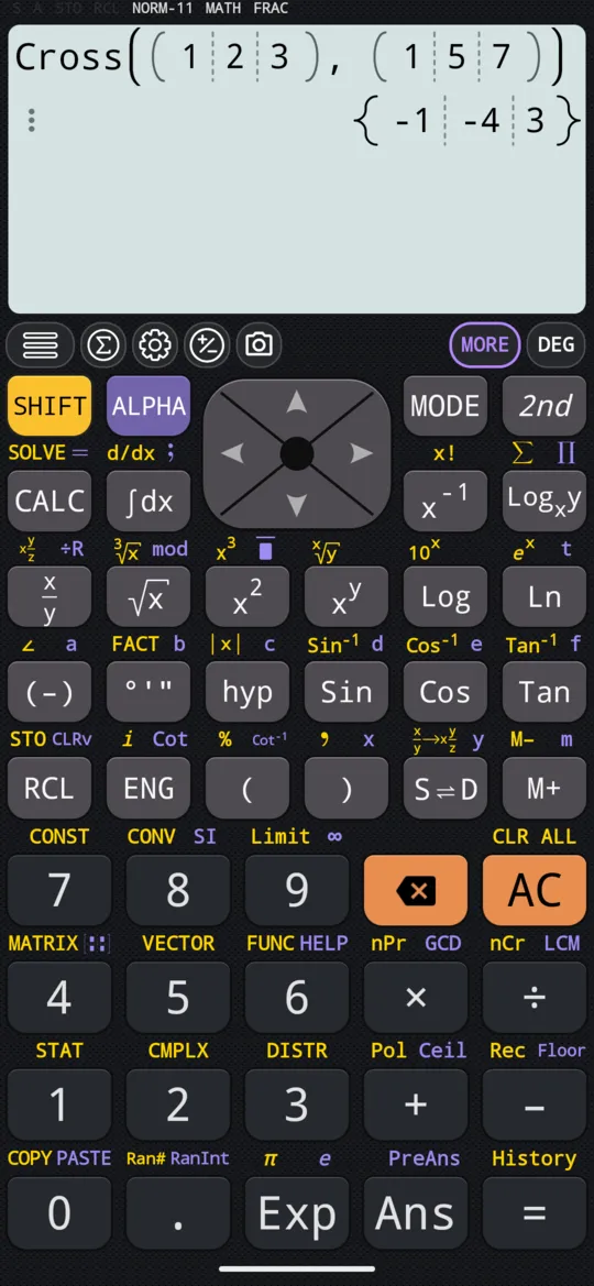 Cross(u, v) trên bàn phím thứ hai: vectơ (−1, −4, 3).