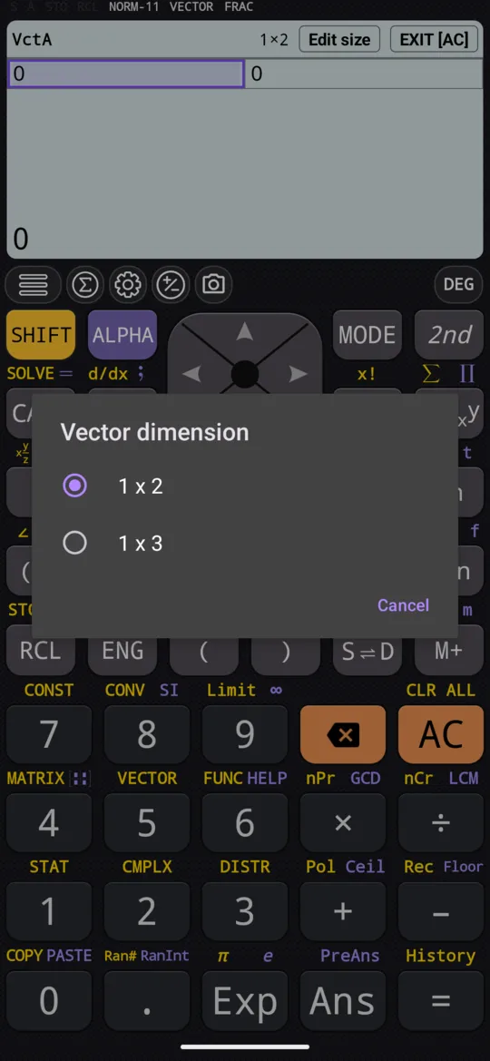 Edit size on a vector opens the Vector dimension dialog: 1 x 2 for a vector in the plane, 1 x 3 for one in space.