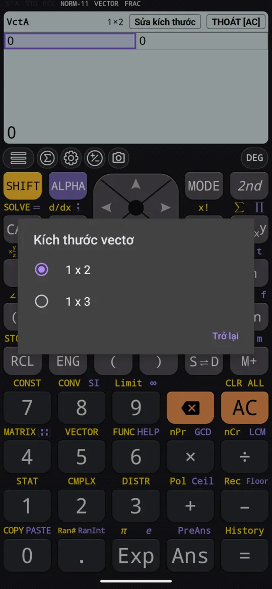 Sửa kích thước với một vectơ mở hộp thoại Kích thước vectơ: 1 x 2 cho vectơ trong mặt phẳng, 1 x 3 cho vectơ trong không gian.