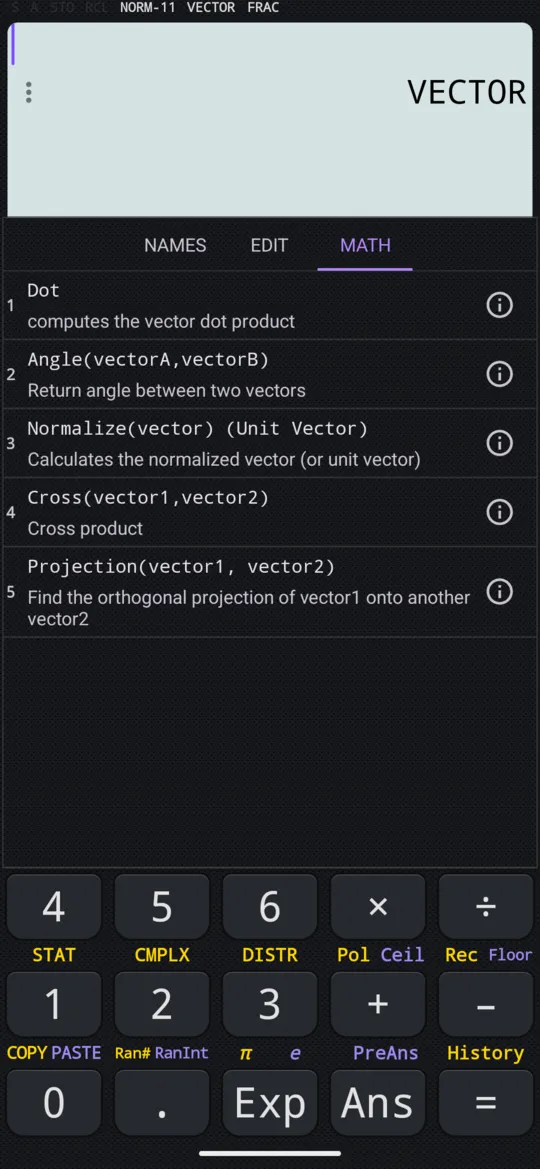 The MATH section of VECTOR Mode's menu: Dot, Angle, Normalize, Cross and Projection.