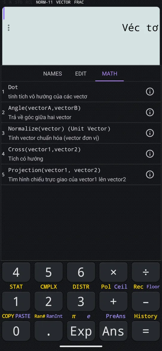 Phần MATH của menu trong chế độ Véc tơ: Dot, Angle, Normalize, Cross và Projection.